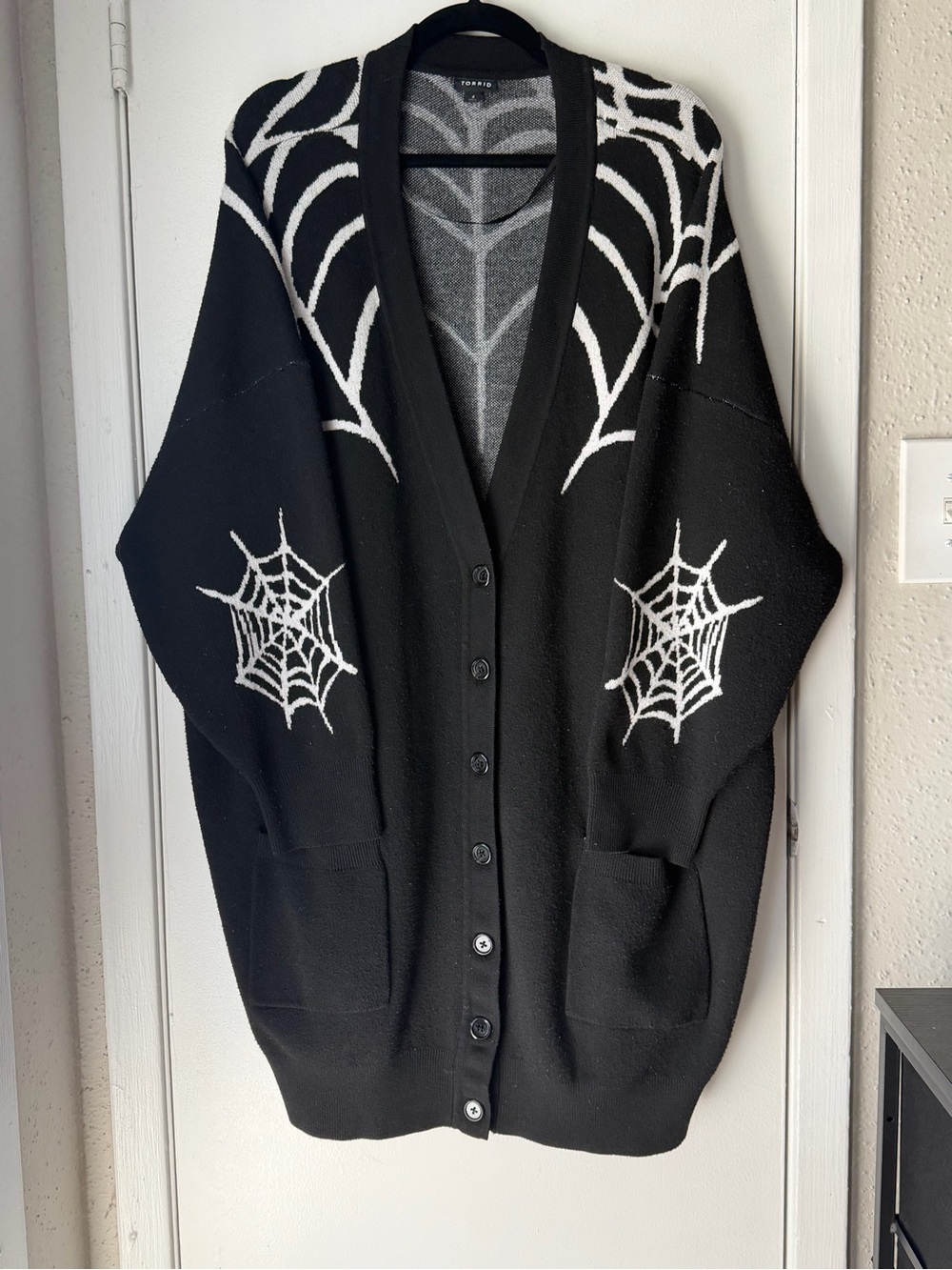 torrid Black Cardigan with White Spiderweb Intarsia